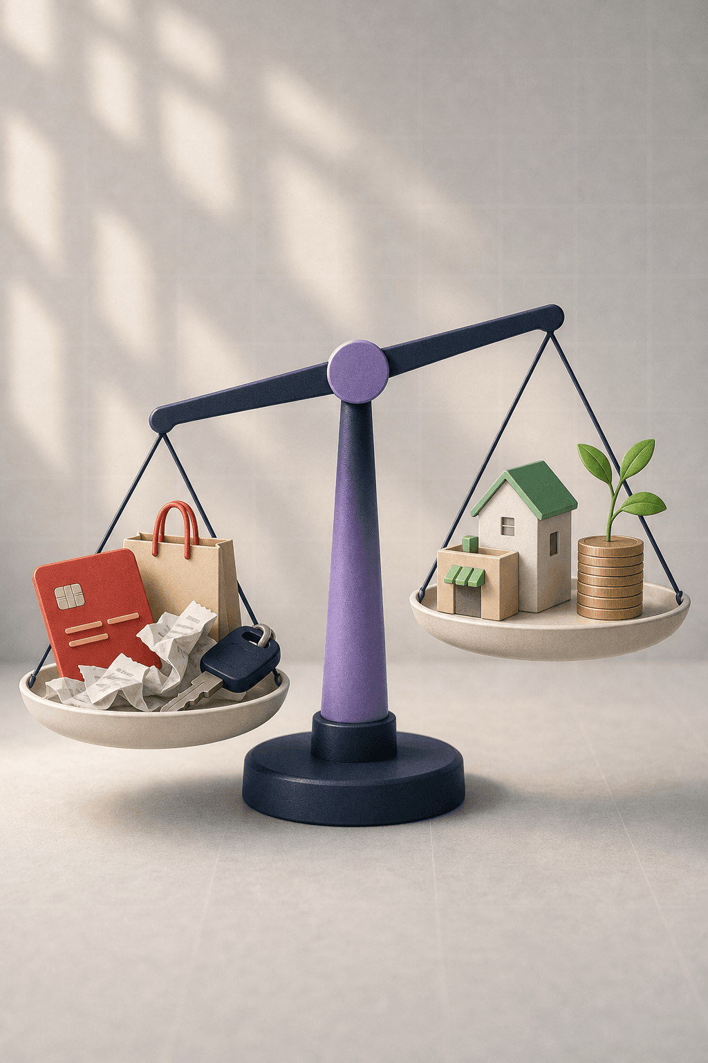 Balance scale comparing bad debt with credit card spending against good debt with property and savings