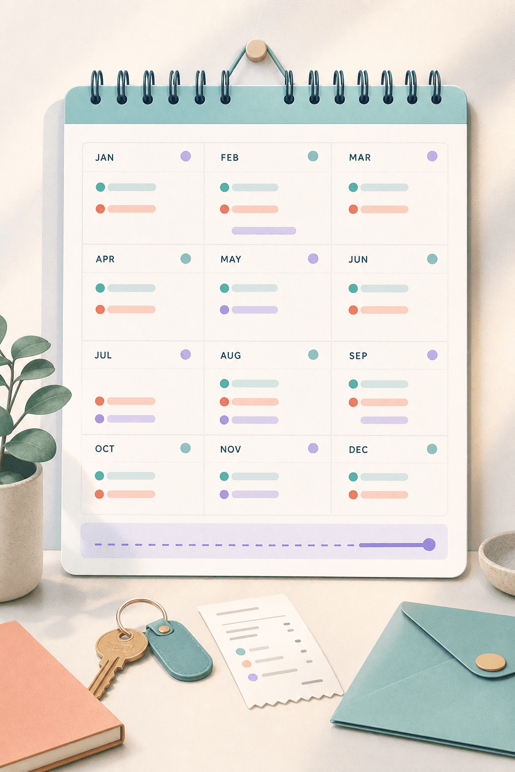 Calendar planner showing recurring costs, future months, and a reserve before a bill arrives